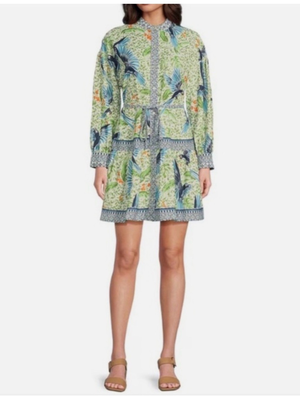 Floral & Bird Print Green A-Line Dress